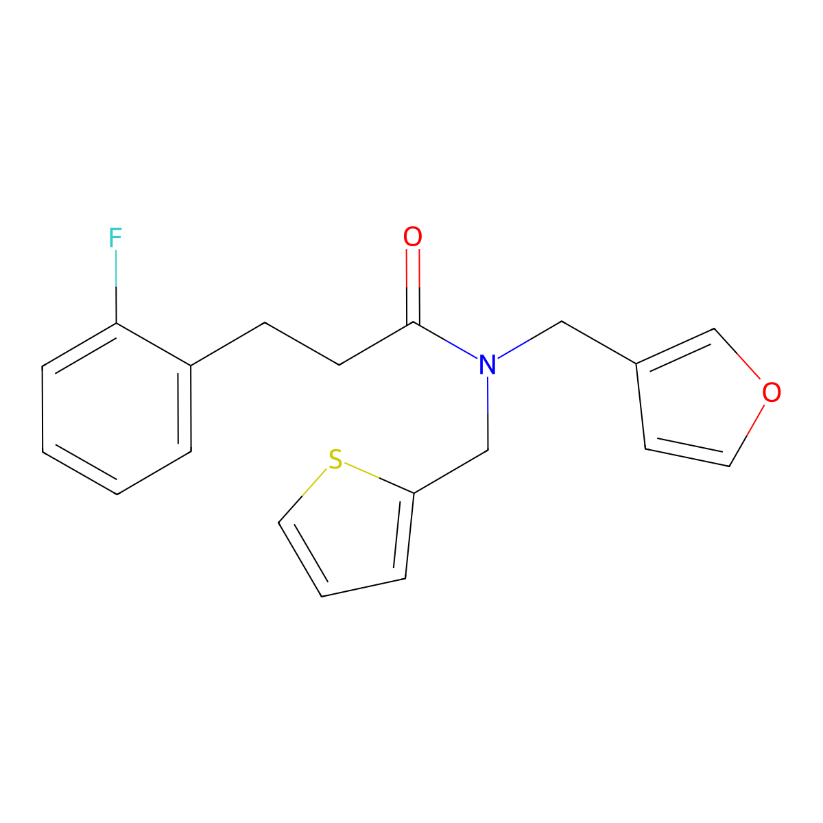 3-(2-fluorophenyl)-N-(furan-3-ylmethyl)-N-(thiophen-2-ylmethyl)propanamide molecular structure, CAS 1797214-33-5