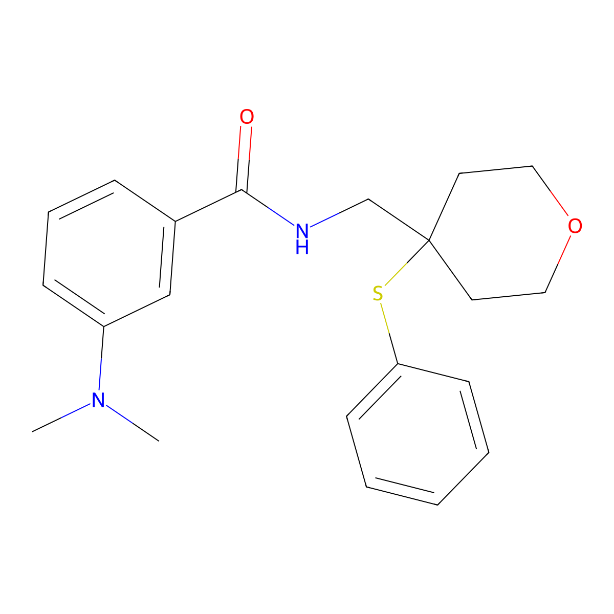 3-(dimethylamino)-N-((4-(phenylthio)tetrahydro-2H-pyran-4-yl)methyl)benzamide molecular structure, CAS 1797219-39-6