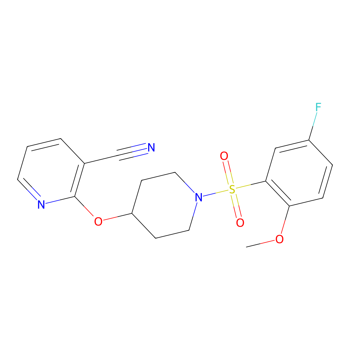 2-((1-((5-Fluoro-2-methoxyphenyl)sulfonyl)piperidin-4-yl)oxy)nicotinonitrile molecular structure, CAS 1797221-26-1