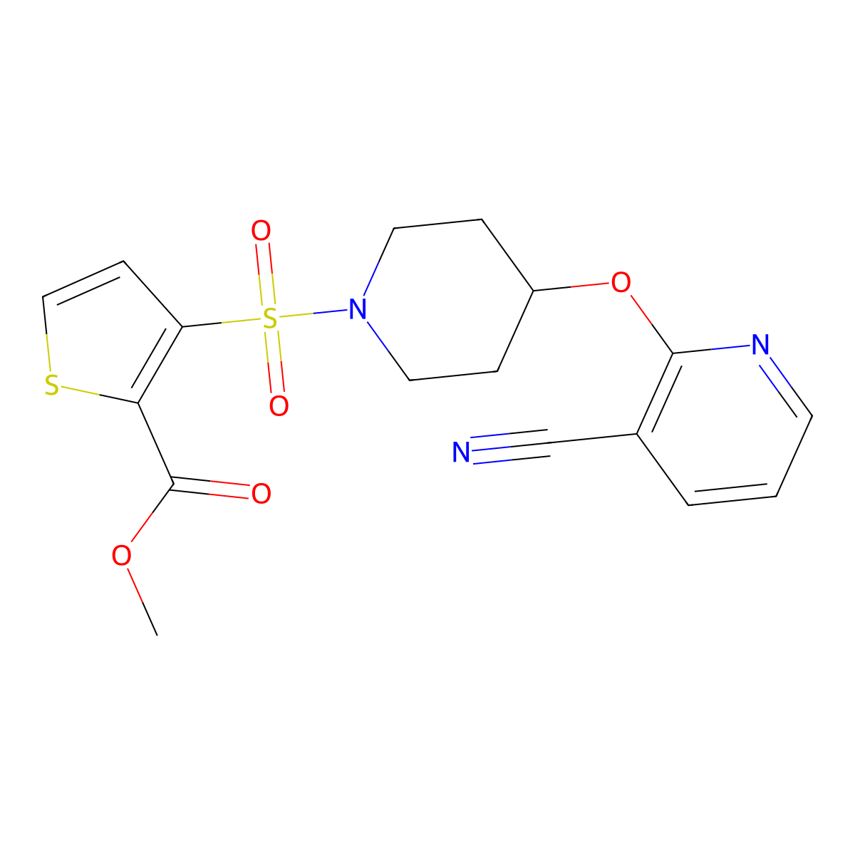Methyl 3-((4-((3-cyanopyridin-2-yl)oxy)piperidin-1-yl)sulfonyl)thiophene-2-carboxylate molecular structure, CAS 1797221-32-9