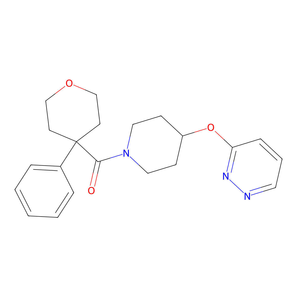 (4-phenyltetrahydro-2H-pyran-4-yl)(4-(pyridazin-3-yloxy)piperidin-1-yl)methanone molecular structure, CAS 1797221-77-2