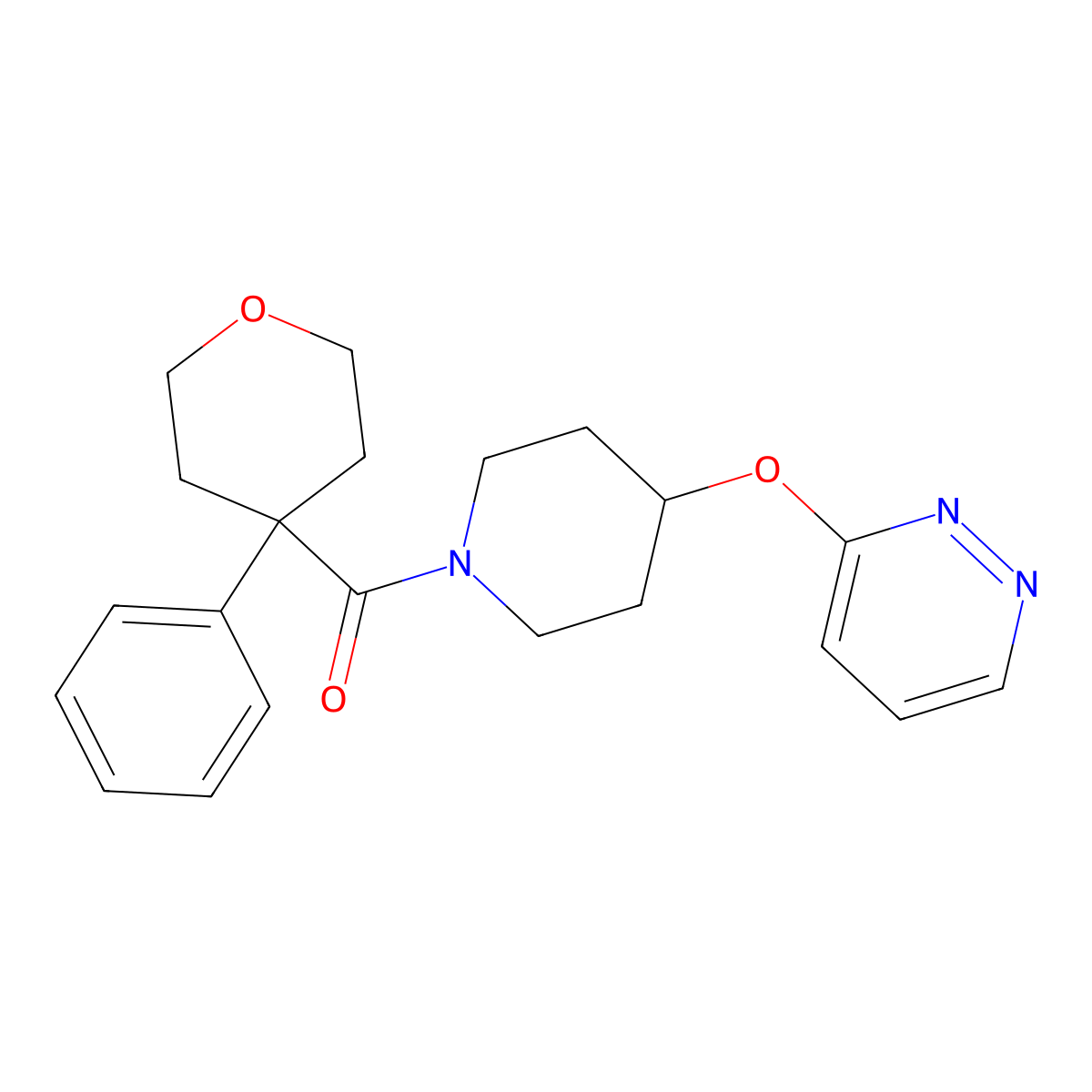 (4-phenyltetrahydro-2H-pyran-4-yl)(4-(pyridazin-3-yloxy)piperidin-1-yl)methanone molecular structure, CAS 1797221-77-2