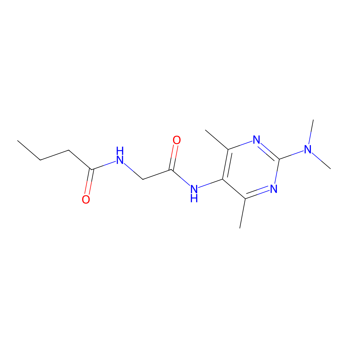 N-(2-((2-(dimethylamino)-4,6-dimethylpyrimidin-5-yl)amino)-2-oxoethyl)butyramide molecular structure, CAS 1797222-26-4