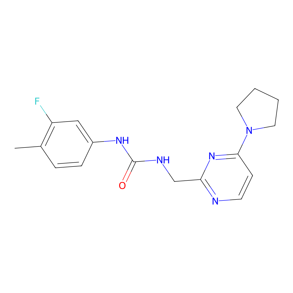 1-(3-Fluoro-4-methylphenyl)-3-{[4-(pyrrolidin-1-yl)pyrimidin-2-yl]methyl}urea molecular structure, CAS 1797222-78-6