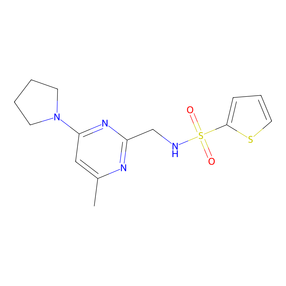 N-((4-methyl-6-(pyrrolidin-1-yl)pyrimidin-2-yl)methyl)thiophene-2-sulfonamide molecular structure, CAS 1797222-88-8
