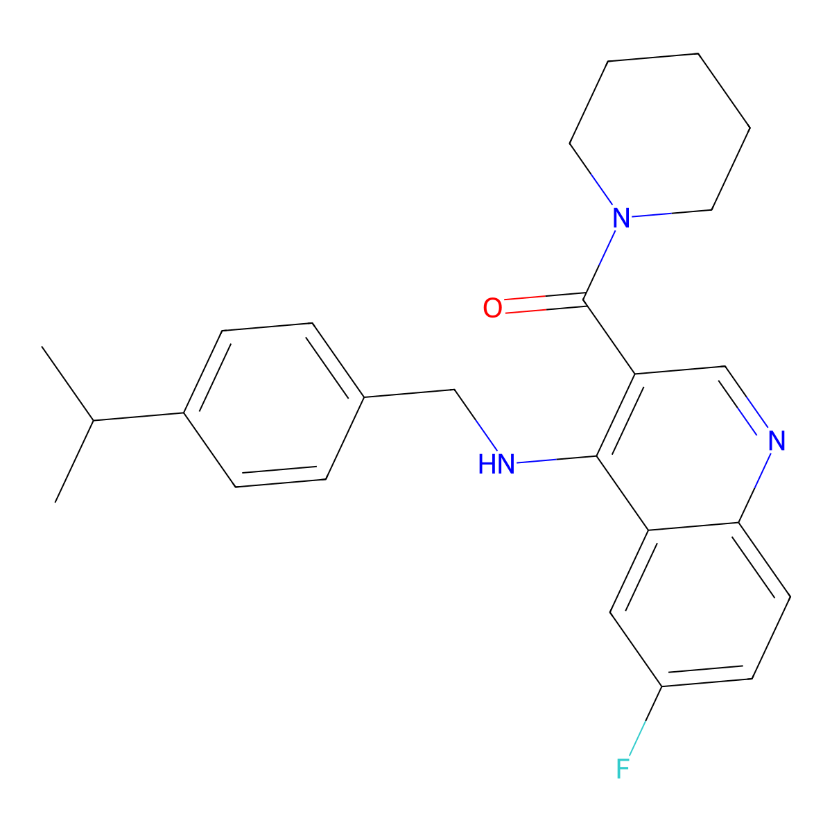(6-Fluoro-4-{[4-(propan-2-yl)benzyl]amino}quinolin-3-yl)(piperidin-1-yl)methanone molecular structure, CAS 1797222-94-6