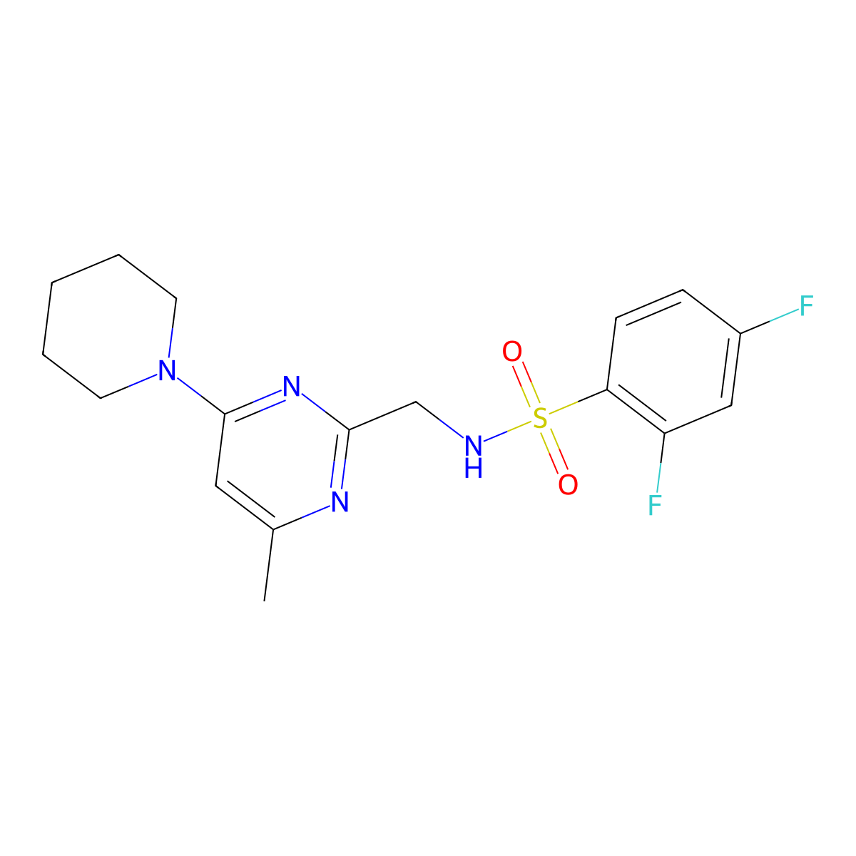 2,4-difluoro-N-((4-methyl-6-(piperidin-1-yl)pyrimidin-2-yl)methyl)benzenesulfonamide molecular structure, CAS 1797223-03-0