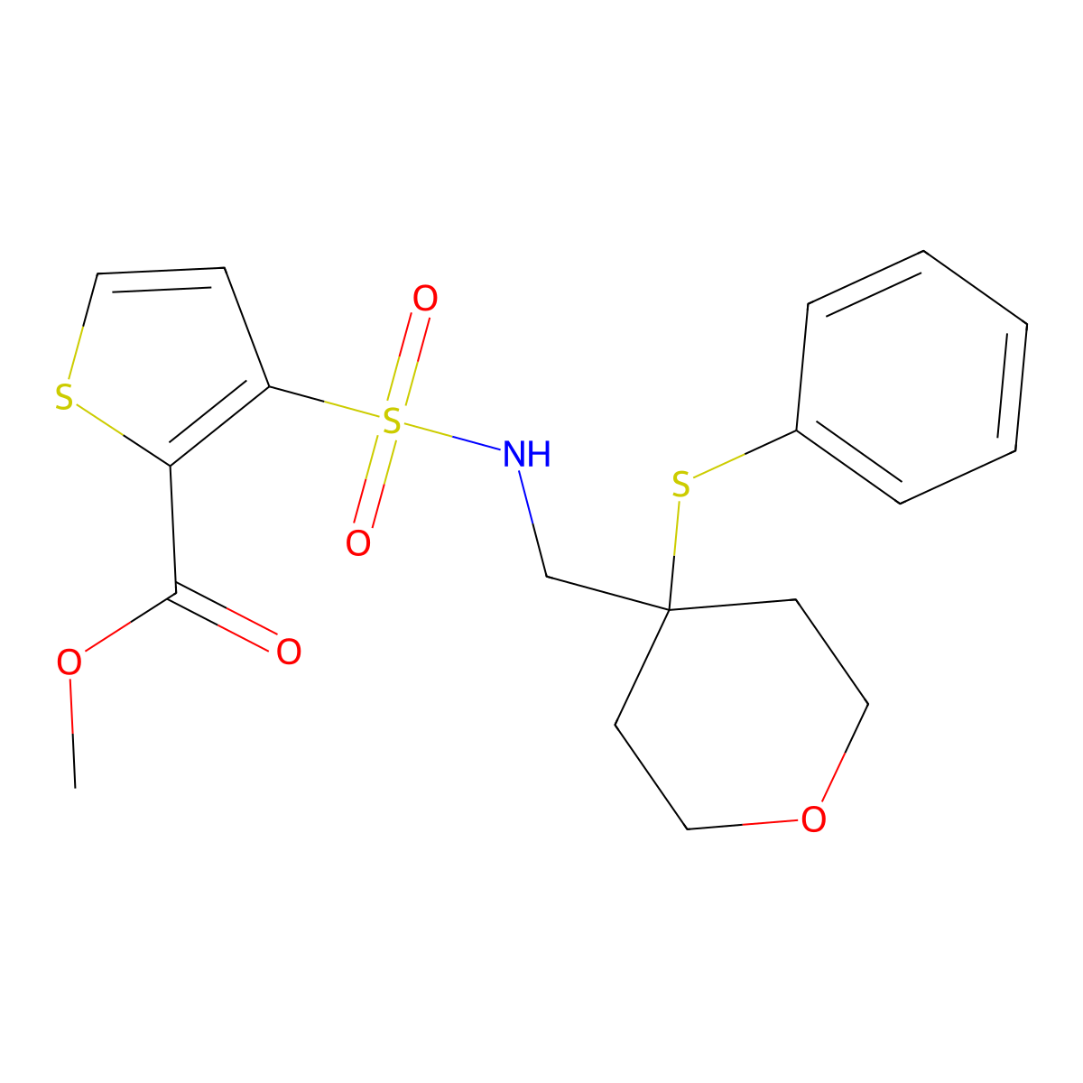methyl 3-(N-((4-(phenylthio)tetrahydro-2H-pyran-4-yl)methyl)sulfamoyl)thiophene-2-carboxylate molecular structure, CAS 1797223-72-3