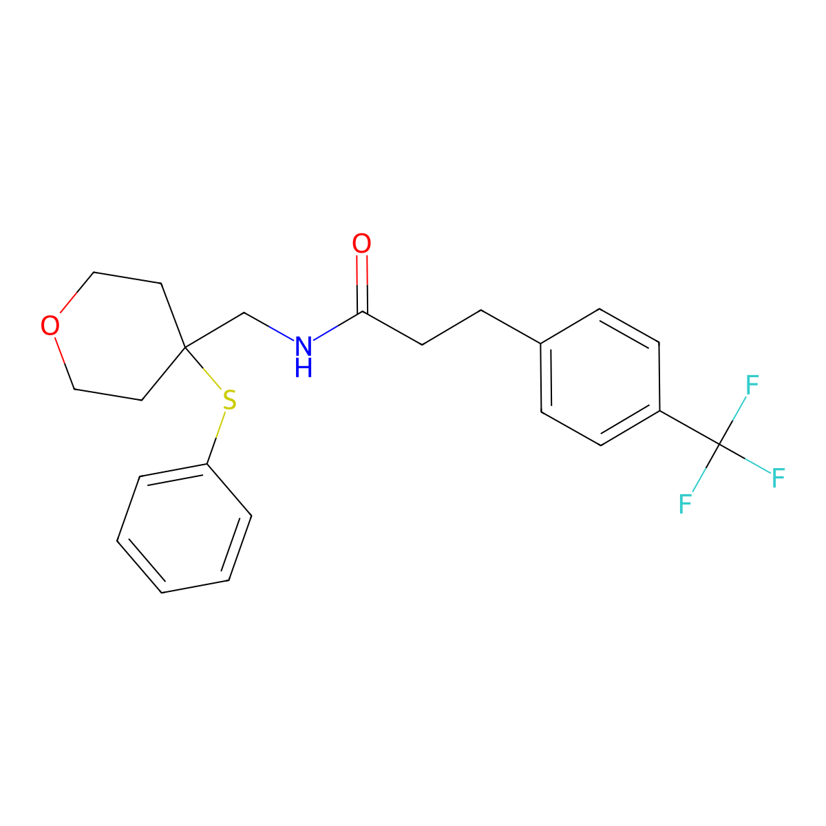 N-((4-(phenylthio)tetrahydro-2H-pyran-4-yl)methyl)-3-(4-(trifluoromethyl)phenyl)propanamide molecular structure, CAS 1797223-81-4