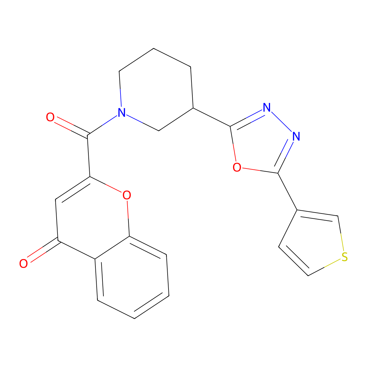 2-{3-[5-(thiophen-3-yl)-1,3,4-oxadiazol-2-yl]piperidine-1-carbonyl}-4H-chromen-4-one molecular structure, CAS 1797223-95-0