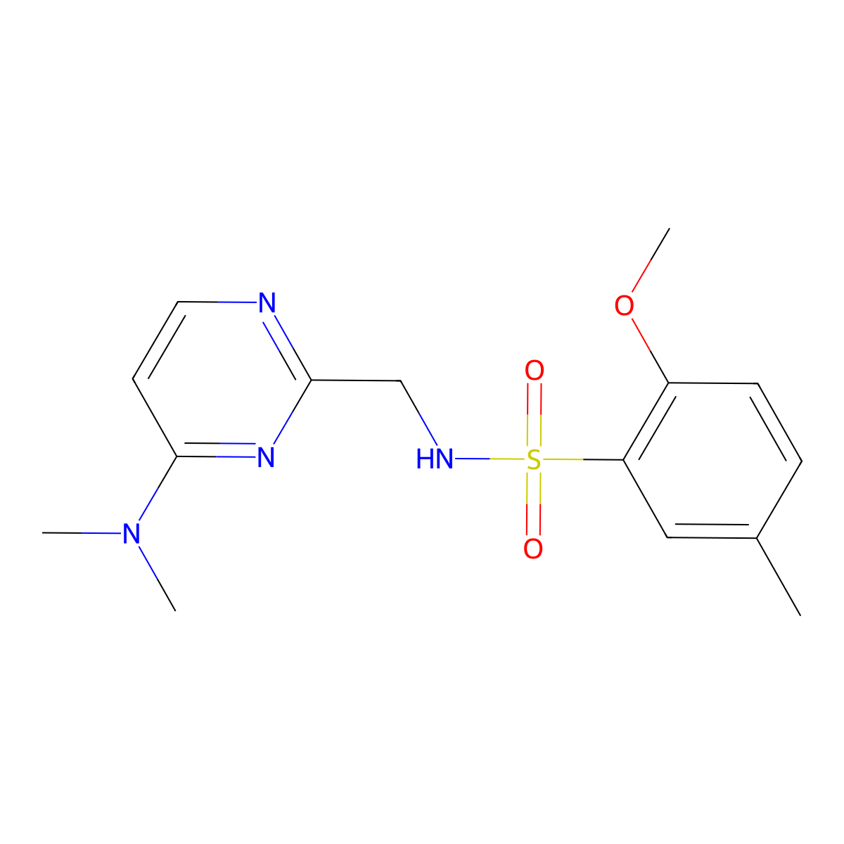 N-((4-(dimethylamino)pyrimidin-2-yl)methyl)-2-methoxy-5-methylbenzenesulfonamide molecular structure, CAS 1797223-98-3