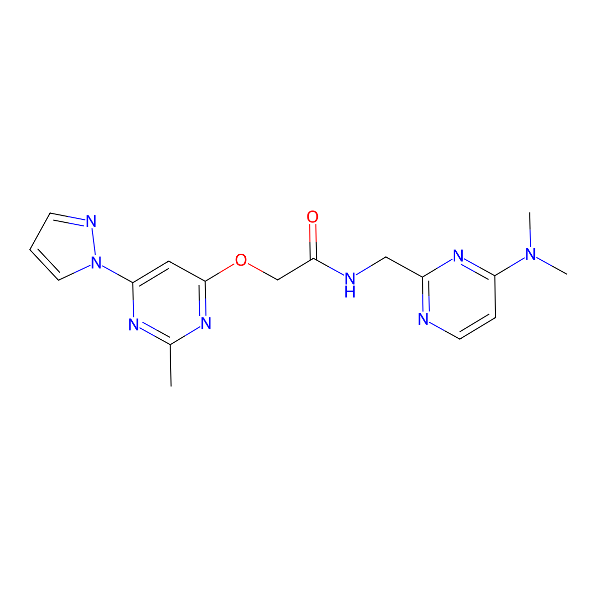 N-{[4-(dimethylamino)pyrimidin-2-yl]methyl}-2-{[2-methyl-6-(1H-pyrazol-1-yl)pyrimidin-4-yl]oxy}acetamide molecular structure, CAS 1797224-03-3