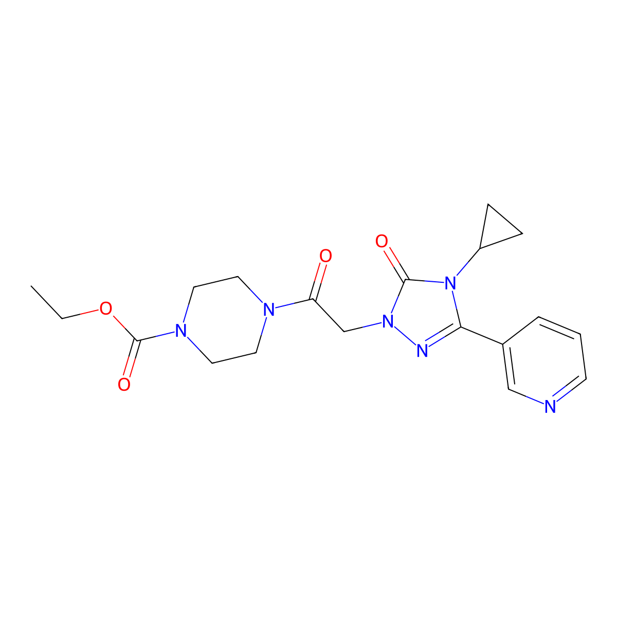 ethyl 4-{2-[4-cyclopropyl-5-oxo-3-(pyridin-3-yl)-4,5-dihydro-1H-1,2,4-triazol-1-yl]acetyl}piperazine-1-carboxylate molecular structure, CAS 1797224-22-6