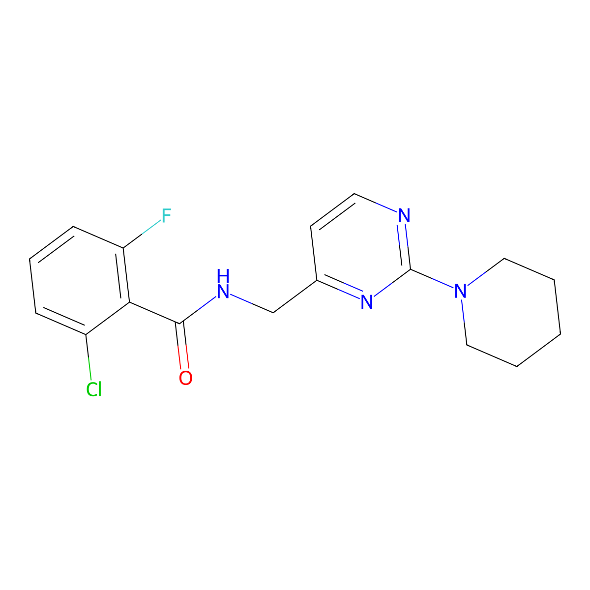 2-chloro-6-fluoro-N-{[2-(piperidin-1-yl)pyrimidin-4-yl]methyl}benzamide molecular structure, CAS 1797224-27-1