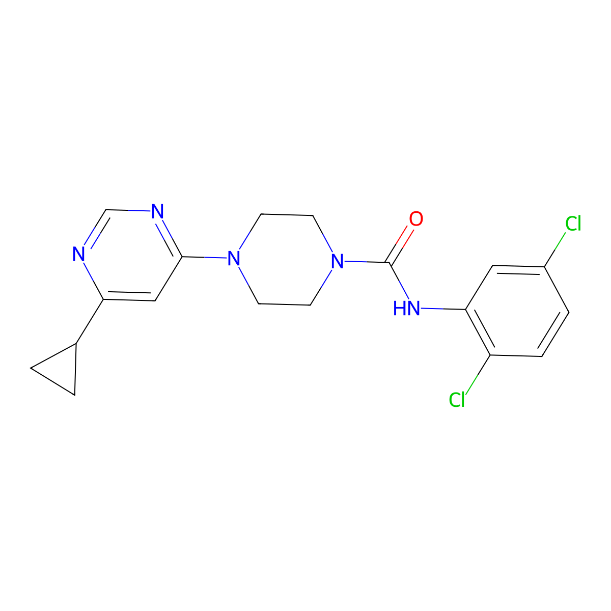 4-(6-cyclopropylpyrimidin-4-yl)-N-(2,5-dichlorophenyl)piperazine-1-carboxamide molecular structure, CAS 1797224-35-1