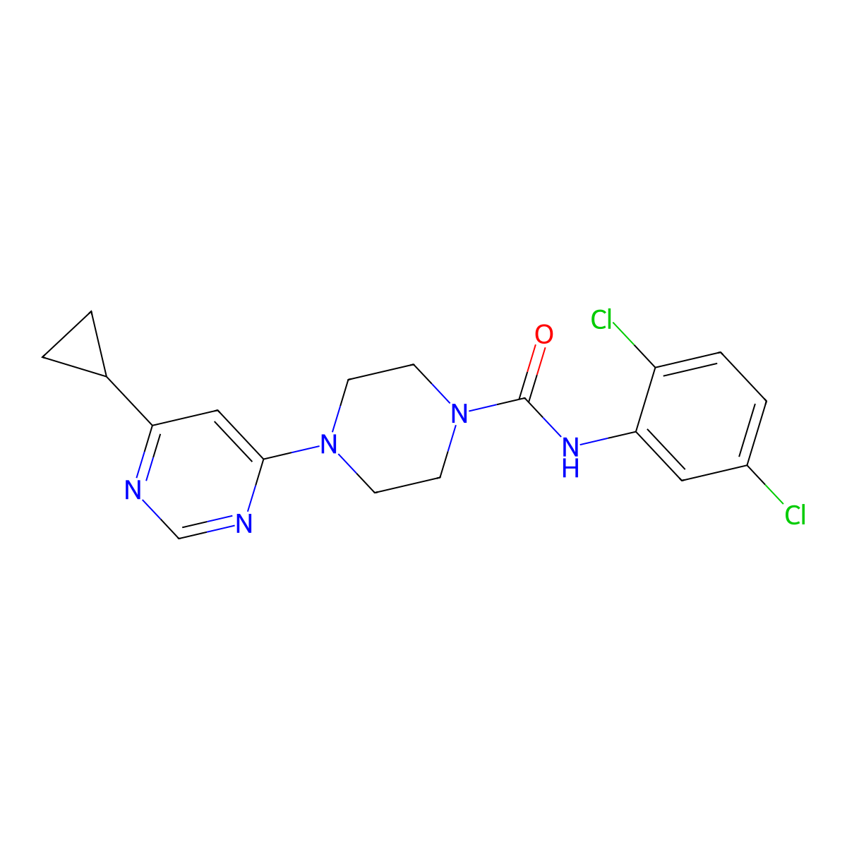 4-(6-cyclopropylpyrimidin-4-yl)-N-(2,5-dichlorophenyl)piperazine-1-carboxamide molecular structure, CAS 1797224-35-1