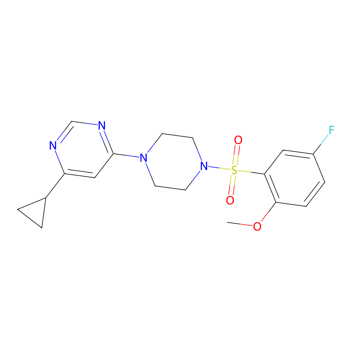4-Cyclopropyl-6-(4-((5-fluoro-2-methoxyphenyl)sulfonyl)piperazin-1-yl)pyrimidine molecular structure, CAS 1797224-38-4