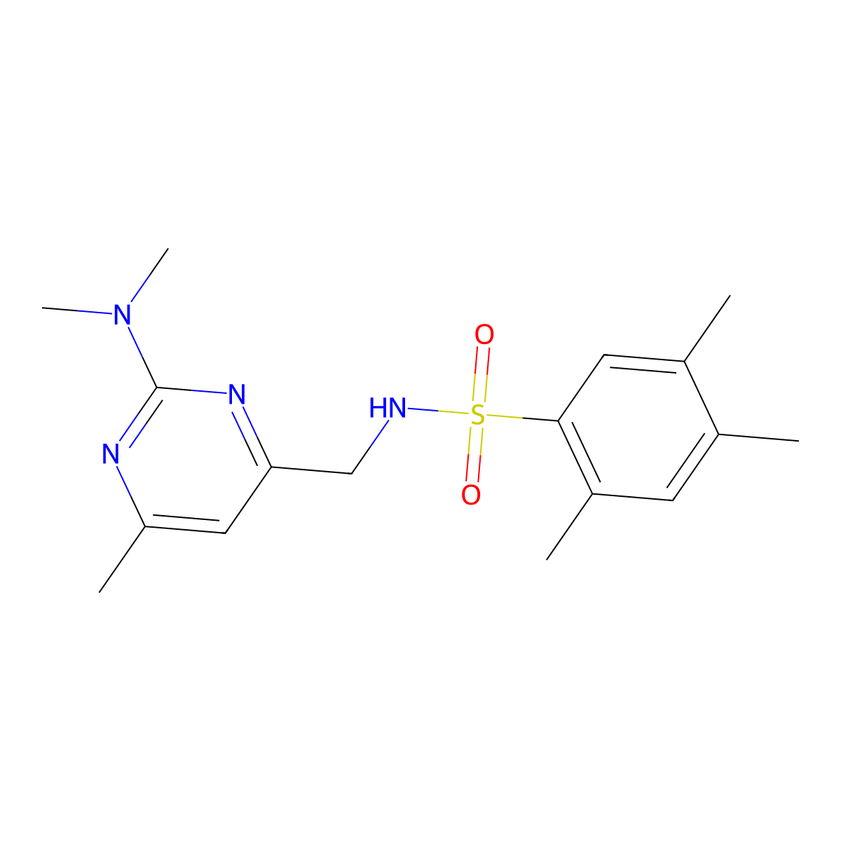 N-((2-(dimethylamino)-6-methylpyrimidin-4-yl)methyl)-2,4,5-trimethylbenzenesulfonamide molecular structure, CAS 1797224-62-4