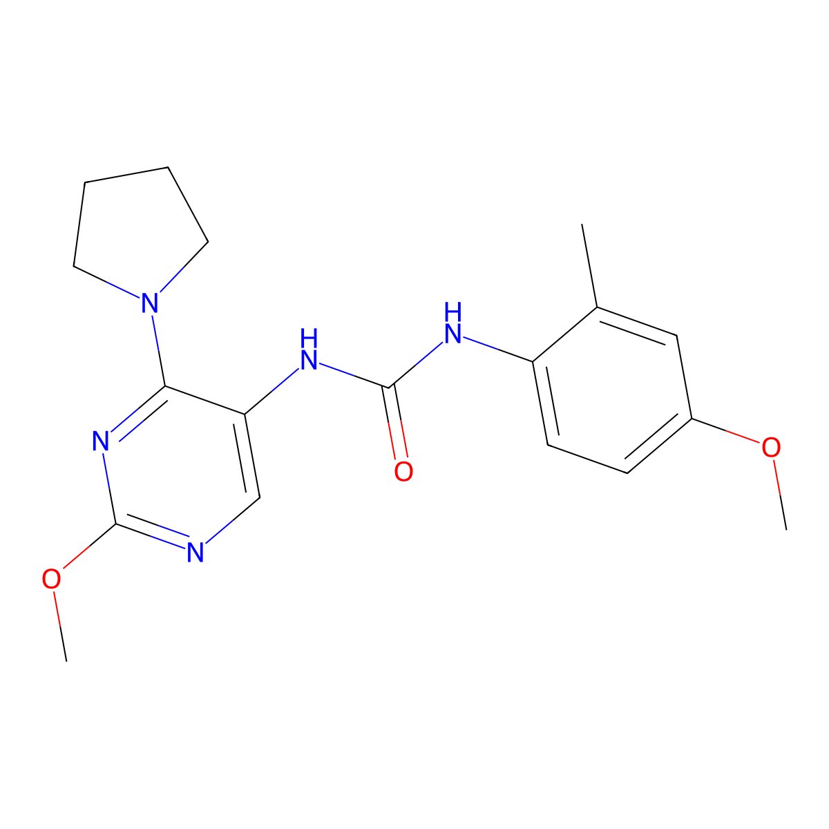 1-(4-Methoxy-2-methylphenyl)-3-(2-methoxy-4-(pyrrolidin-1-yl)pyrimidin-5-yl)urea molecular structure, CAS 1797224-80-6