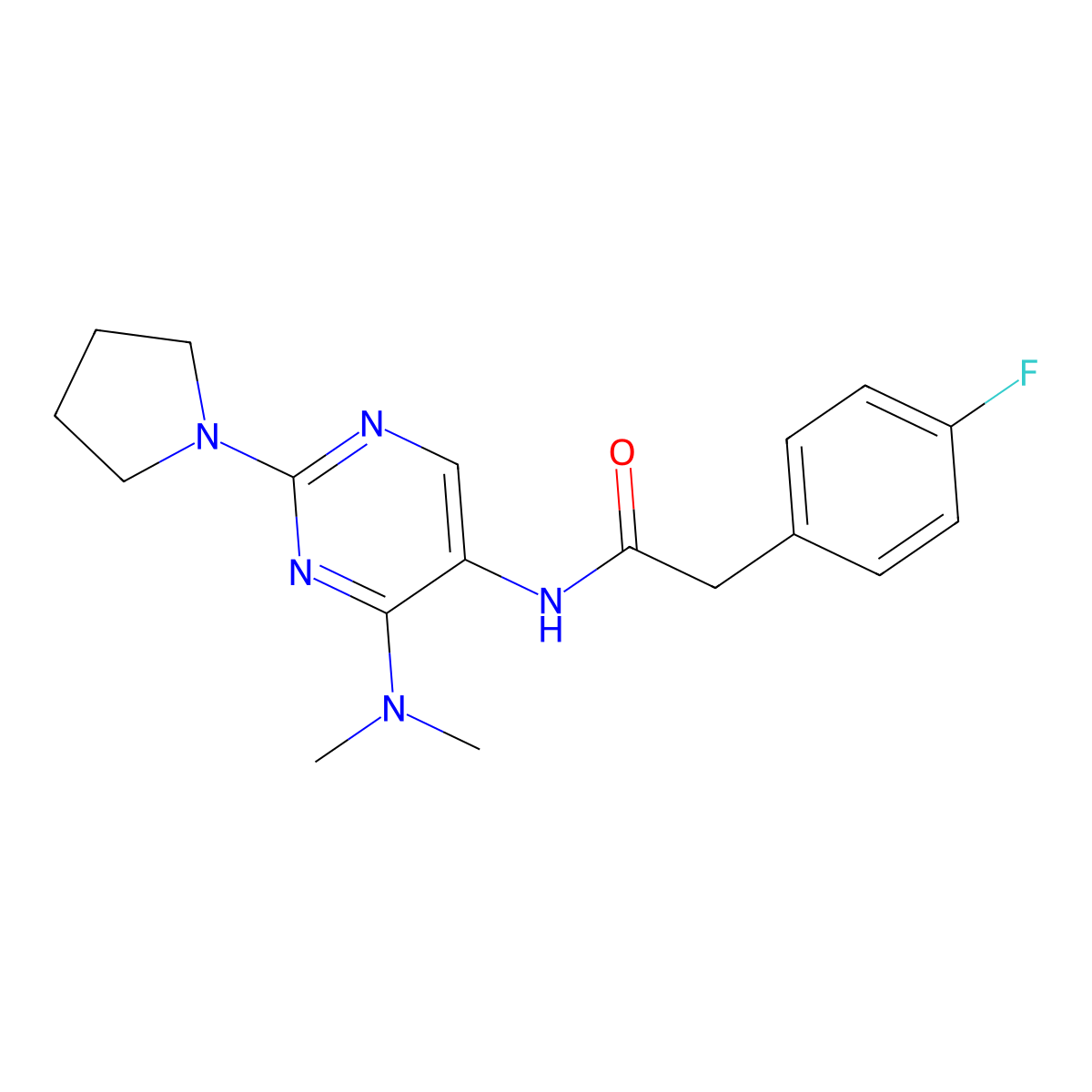 N-[4-(dimethylamino)-2-(pyrrolidin-1-yl)pyrimidin-5-yl]-2-(4-fluorophenyl)acetamide molecular structure, CAS 1797224-87-3