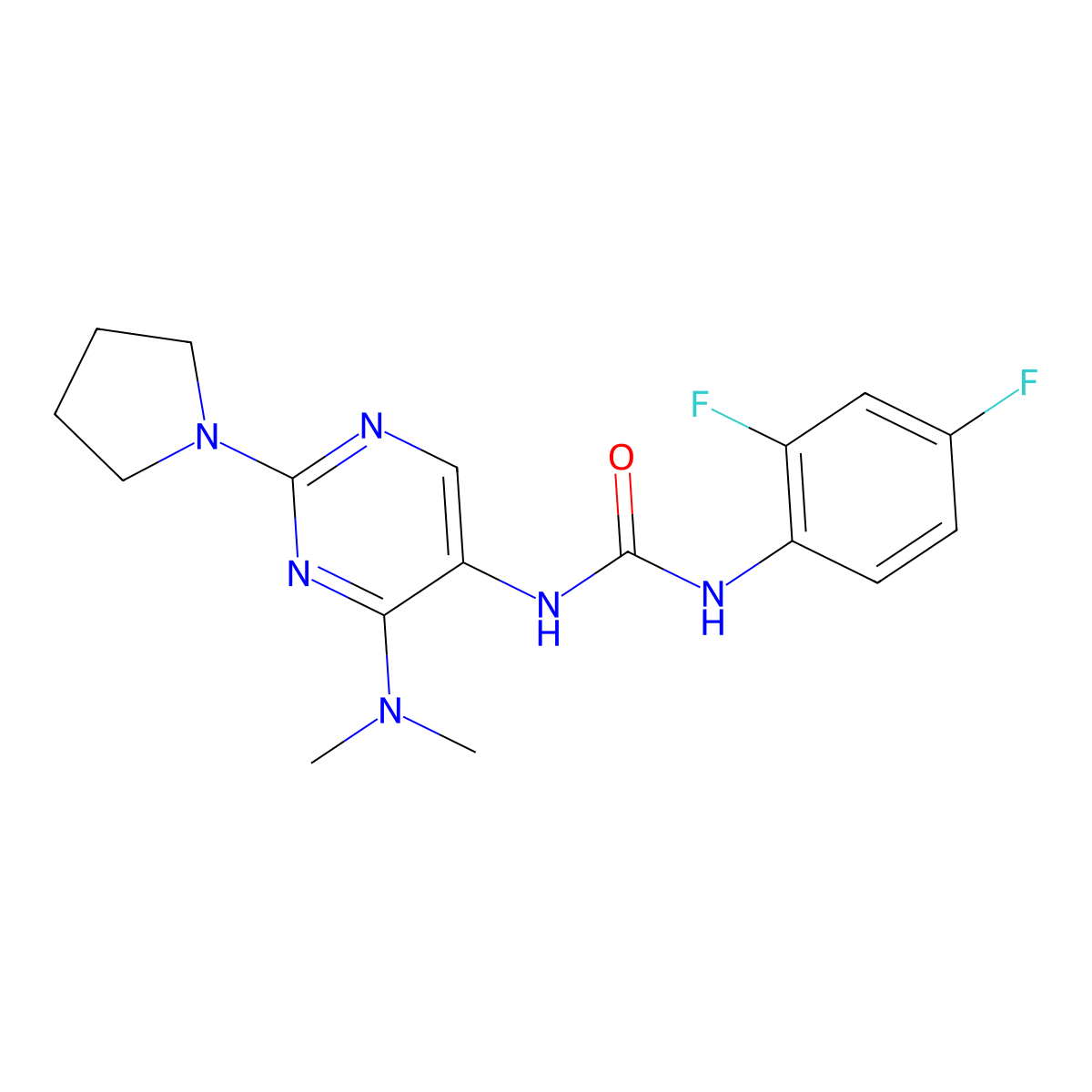 1-(2,4-Difluorophenyl)-3-(4-(dimethylamino)-2-(pyrrolidin-1-yl)pyrimidin-5-yl)urea molecular structure, CAS 1797224-91-9