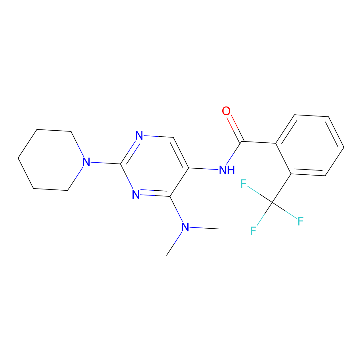 N-[4-(dimethylamino)-2-(piperidin-1-yl)pyrimidin-5-yl]-2-(trifluoromethyl)benzamide molecular structure, CAS 1797224-95-3