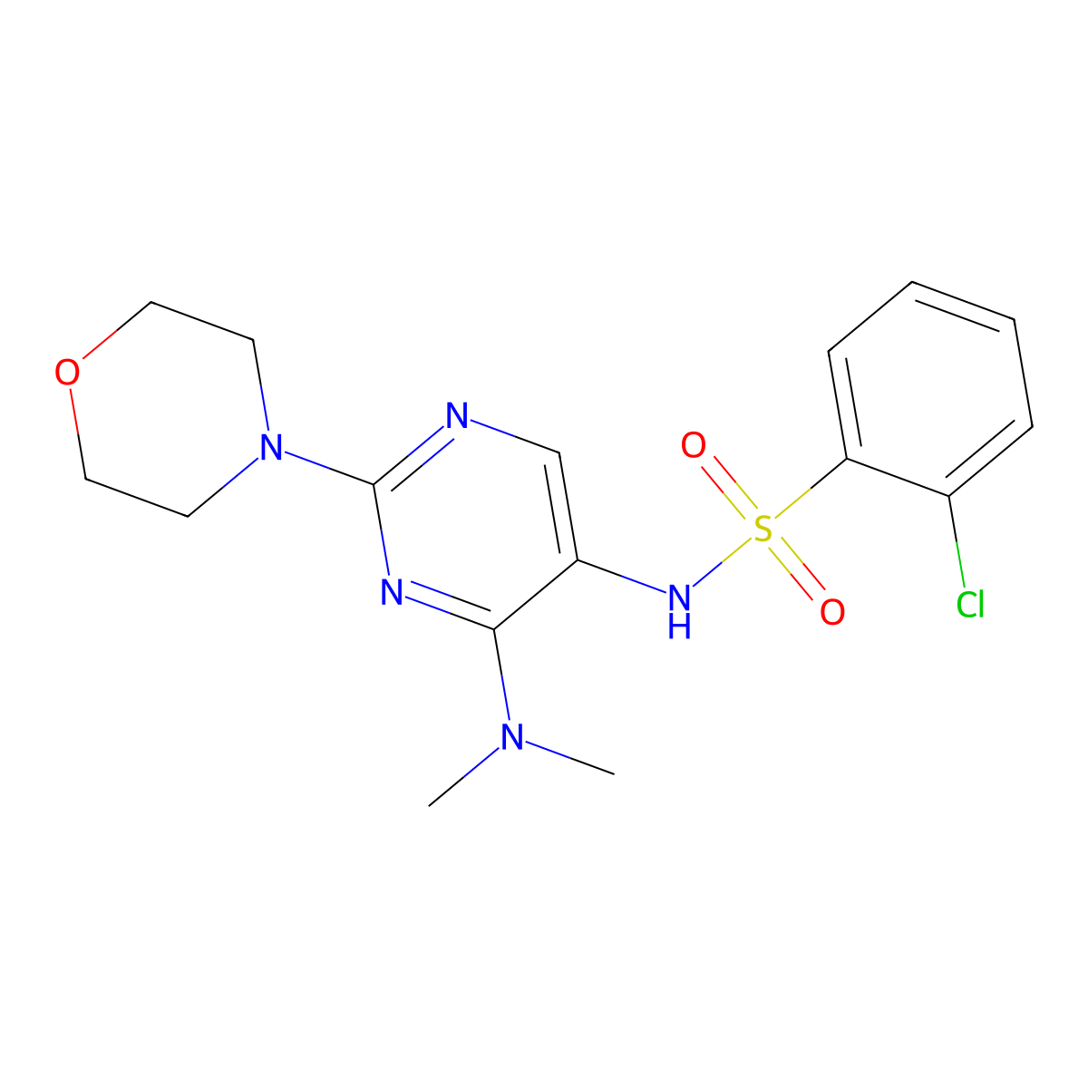 2-chloro-N-(4-(dimethylamino)-2-morpholinopyrimidin-5-yl)benzenesulfonamide molecular structure, CAS 1797225-06-9