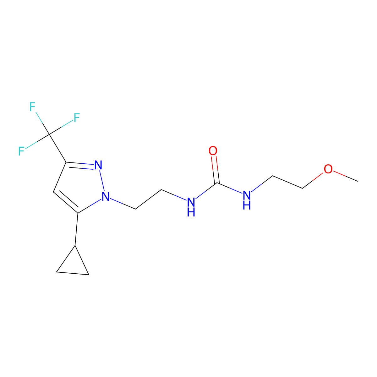 1-(2-(5-cyclopropyl-3-(trifluoromethyl)-1H-pyrazol-1-yl)ethyl)-3-(2-methoxyethyl)urea molecular structure, CAS 1797225-08-1