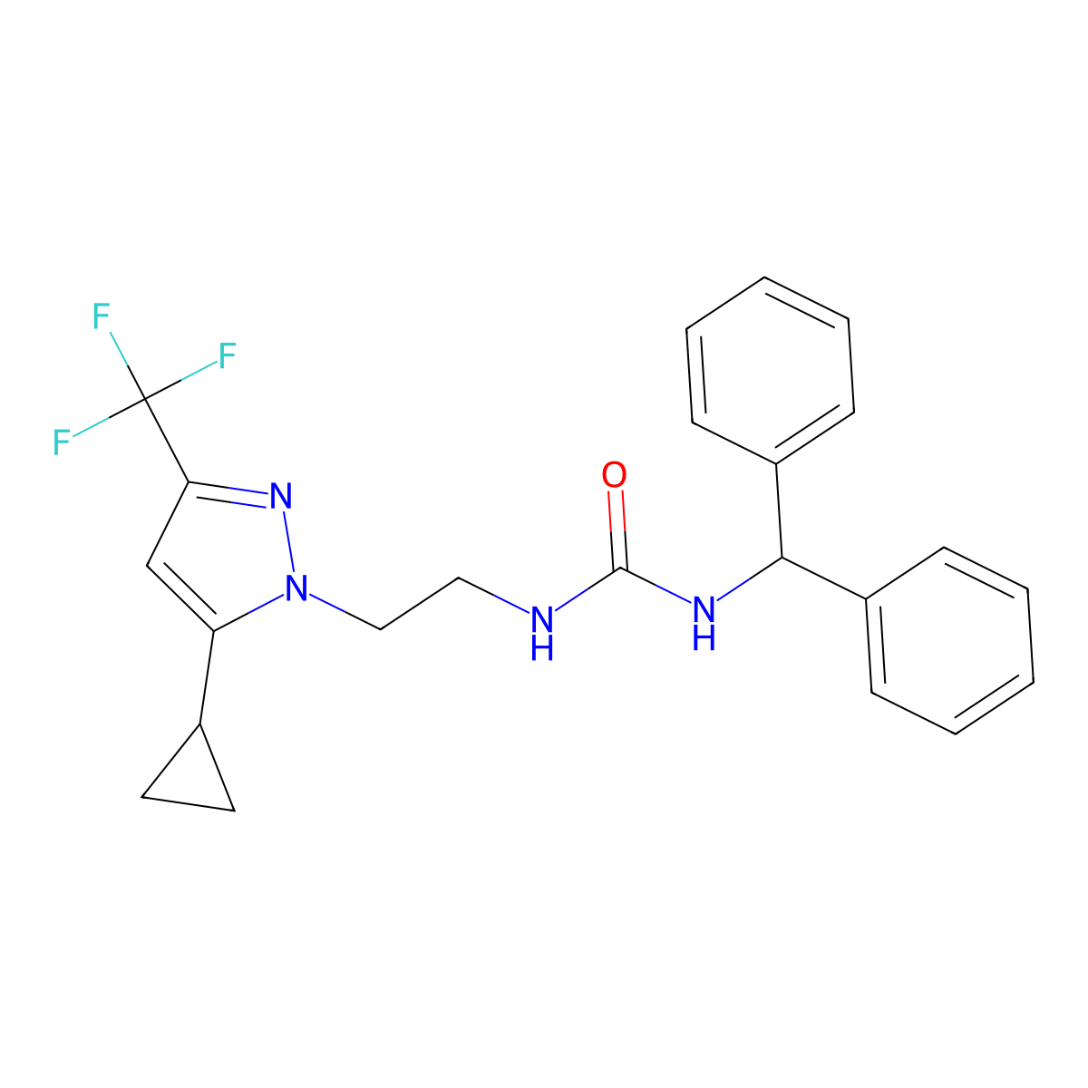 1-benzhydryl-3-(2-(5-cyclopropyl-3-(trifluoromethyl)-1H-pyrazol-1-yl)ethyl)urea molecular structure, CAS 1797225-12-7