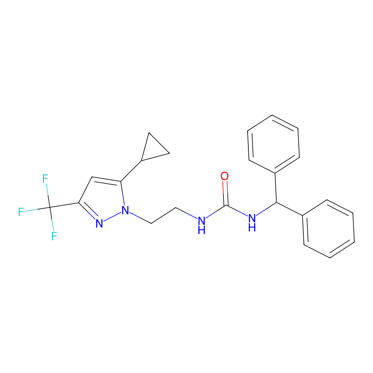 1-benzhydryl-3-(2-(5-cyclopropyl-3-(trifluoromethyl)-1H-pyrazol-1-yl)ethyl)urea molecular structure, CAS 1797225-12-7