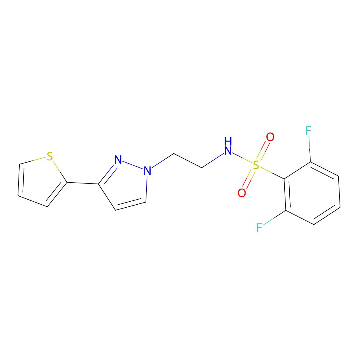2,6-difluoro-N-(2-(3-(thiophen-2-yl)-1H-pyrazol-1-yl)ethyl)benzenesulfonamide molecular structure, CAS 1797225-18-3