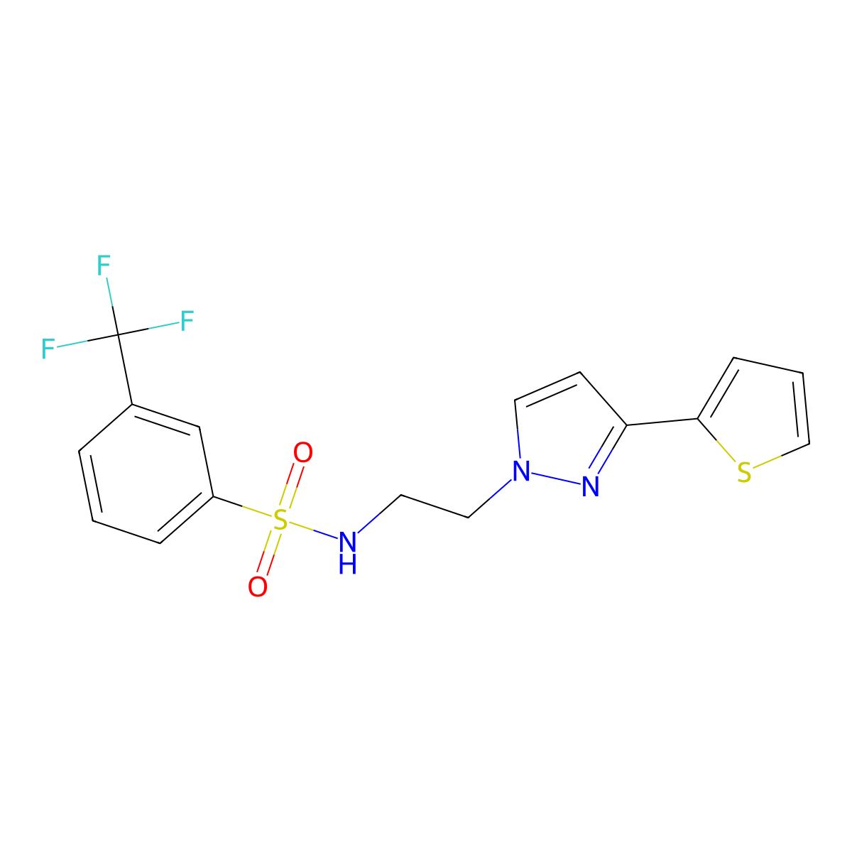 N-(2-(3-(thiophen-2-yl)-1H-pyrazol-1-yl)ethyl)-3-(trifluoromethyl)benzenesulfonamide molecular structure, CAS 1797225-21-8