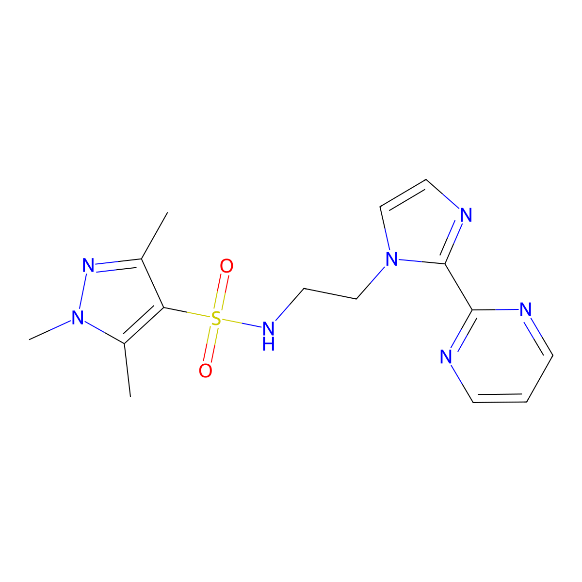 1,3,5-trimethyl-N-{2-[2-(pyrimidin-2-yl)-1H-imidazol-1-yl]ethyl}-1H-pyrazole-4-sulfonamide molecular structure, CAS 1797225-42-3
