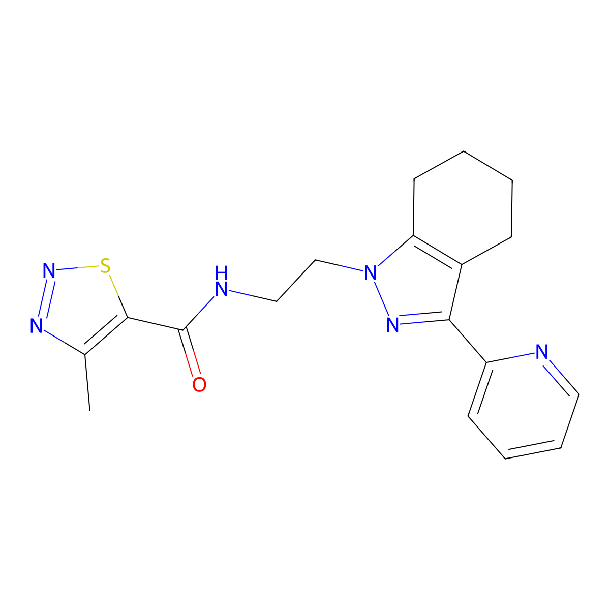 4-methyl-N-{2-[3-(pyridin-2-yl)-4,5,6,7-tetrahydro-1H-indazol-1-yl]ethyl}-1,2,3-thiadiazole-5-carboxamide molecular structure, CAS 1797225-46-7