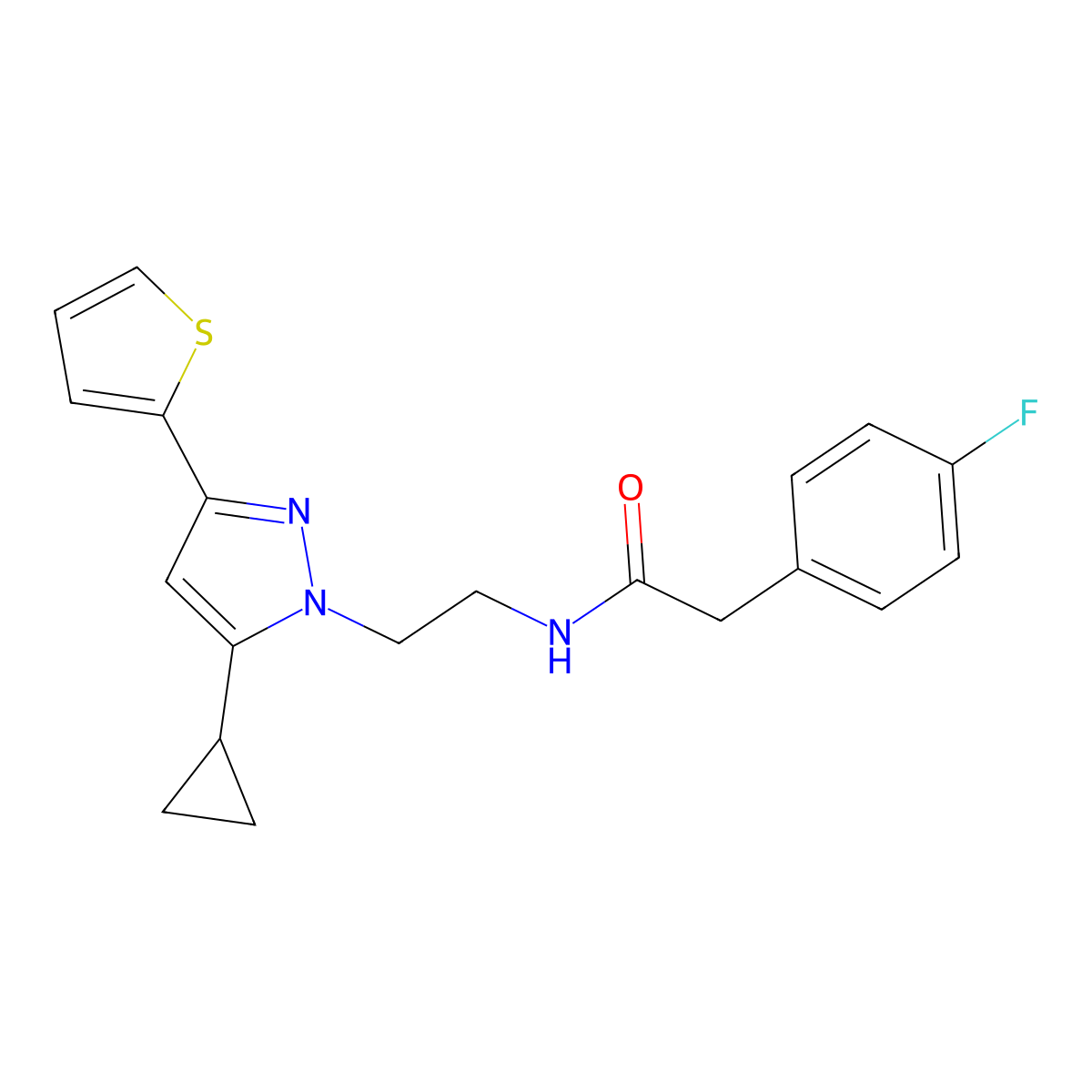 N-(2-(5-cyclopropyl-3-(thiophen-2-yl)-1H-pyrazol-1-yl)ethyl)-2-(4-fluorophenyl)acetamide molecular structure, CAS 1797225-58-1