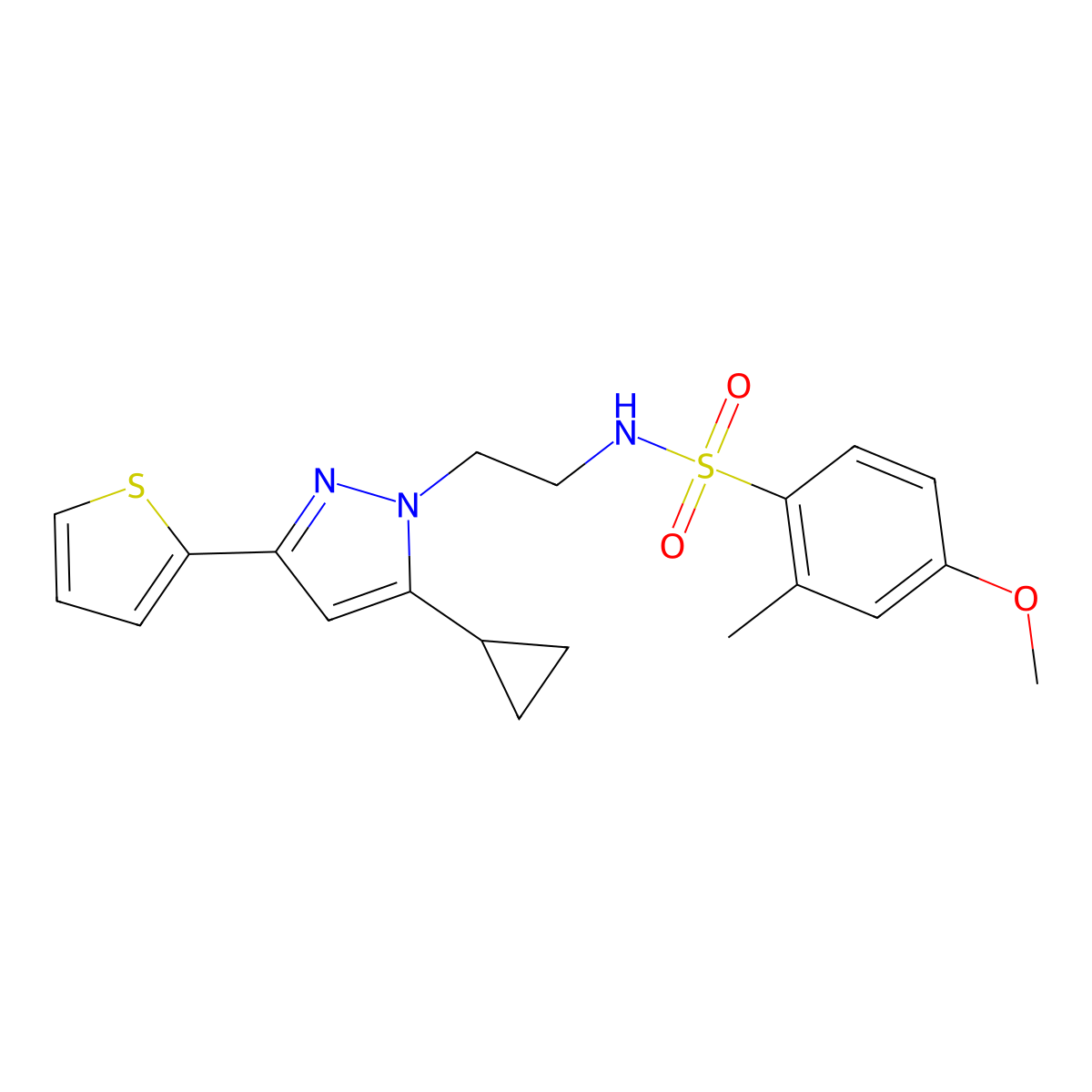 N-(2-(5-cyclopropyl-3-(thiophen-2-yl)-1H-pyrazol-1-yl)ethyl)-4-methoxy-2-methylbenzenesulfonamide molecular structure, CAS 1797225-61-6