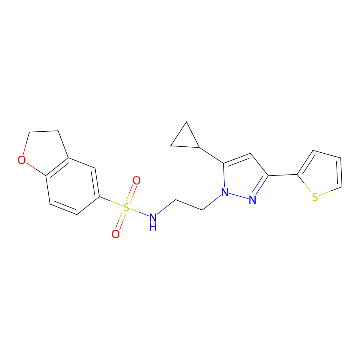 N-(2-(5-cyclopropyl-3-(thiophen-2-yl)-1H-pyrazol-1-yl)ethyl)-2,3-dihydrobenzofuran-5-sulfonamide molecular structure, CAS 1797225-66-1