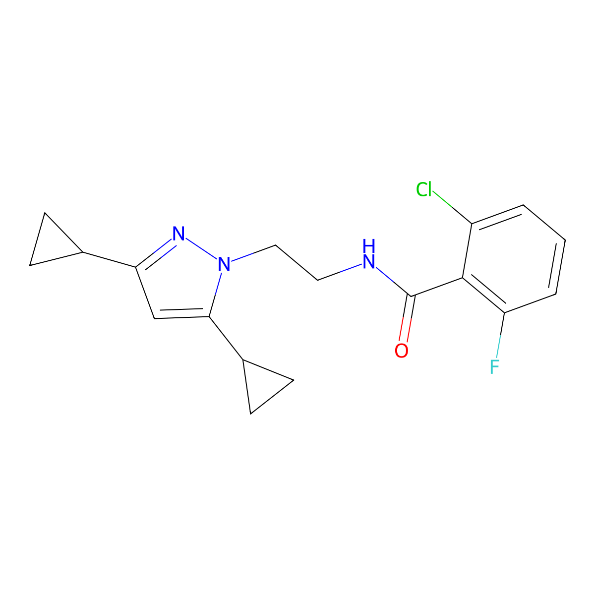 2-chloro-N-[2-(3,5-dicyclopropyl-1H-pyrazol-1-yl)ethyl]-6-fluorobenzamide molecular structure, CAS 1797225-99-0