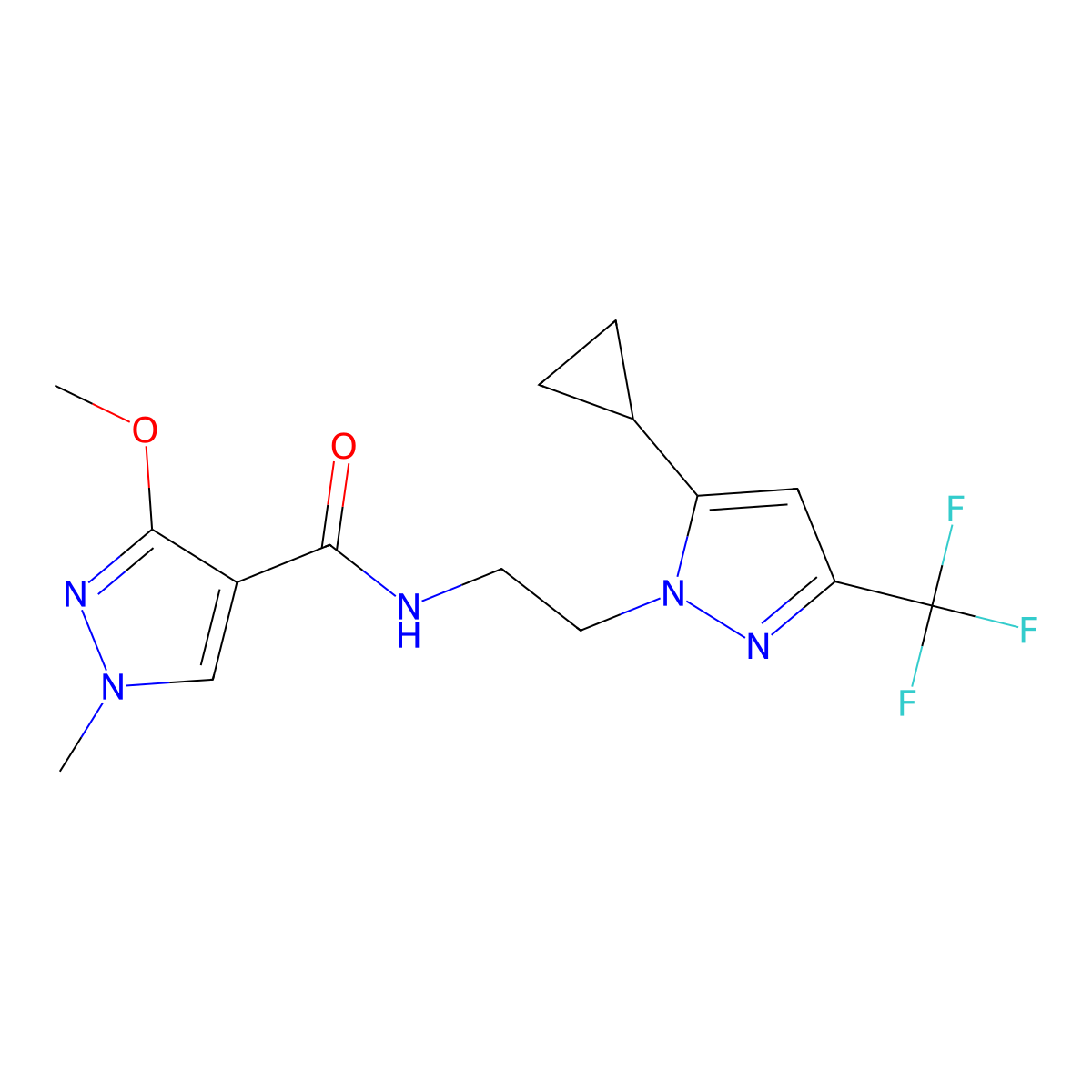 N-{2-[5-cyclopropyl-3-(trifluoromethyl)-1H-pyrazol-1-yl]ethyl}-3-methoxy-1-methyl-1H-pyrazole-4-carboxamide molecular structure, CAS 1797226-11-9