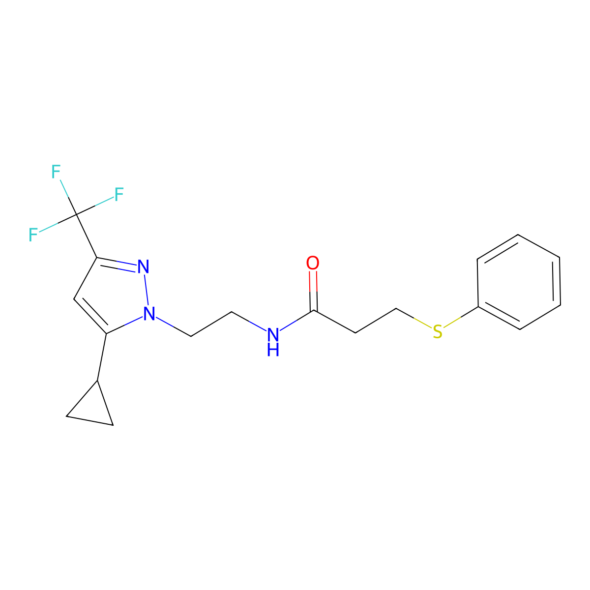N-(2-(5-cyclopropyl-3-(trifluoromethyl)-1H-pyrazol-1-yl)ethyl)-3-(phenylthio)propanamide molecular structure, CAS 1797226-23-3