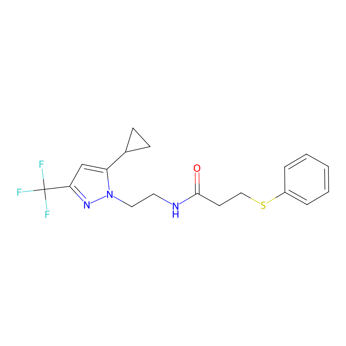 N-(2-(5-cyclopropyl-3-(trifluoromethyl)-1H-pyrazol-1-yl)ethyl)-3-(phenylthio)propanamide molecular structure, CAS 1797226-23-3