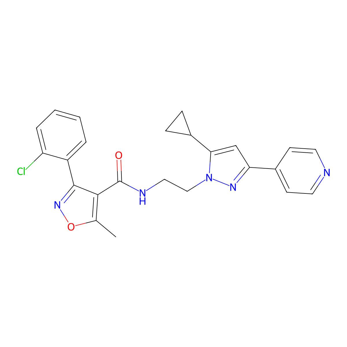 3-(2-chlorophenyl)-N-(2-(5-cyclopropyl-3-(pyridin-4-yl)-1H-pyrazol-1-yl)ethyl)-5-methylisoxazole-4-carboxamide molecular structure, CAS 1797235-91-6