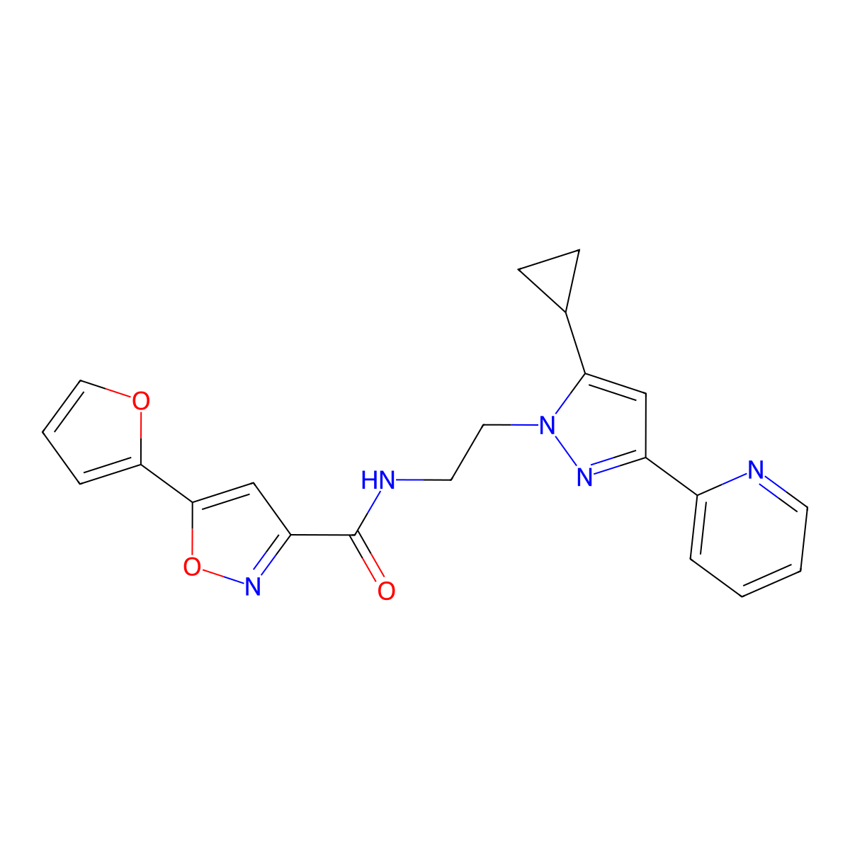 N-(2-(5-cyclopropyl-3-(pyridin-2-yl)-1H-pyrazol-1-yl)ethyl)-5-(furan-2-yl)isoxazole-3-carboxamide molecular structure, CAS 1797235-93-8