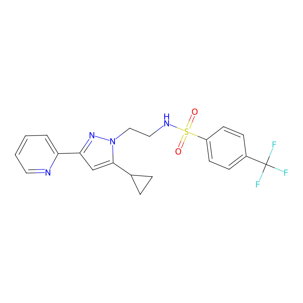 N-(2-(5-cyclopropyl-3-(pyridin-2-yl)-1H-pyrazol-1-yl)ethyl)-4-(trifluoromethyl)benzenesulfonamide molecular structure, CAS 1797235-97-2