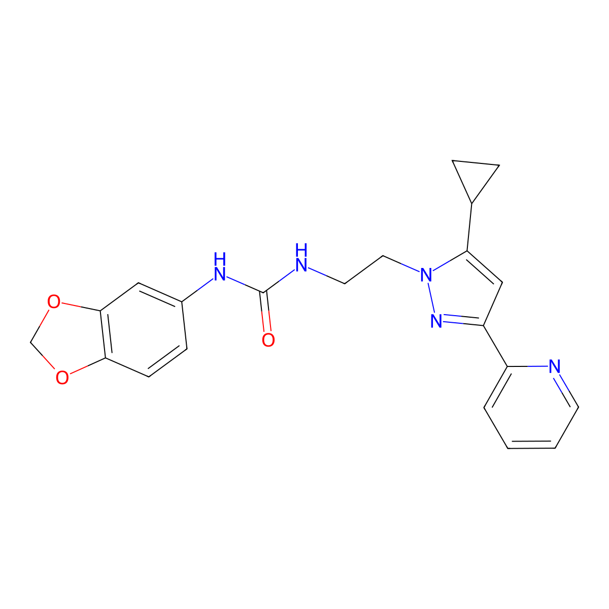 1-(benzo[d][1,3]dioxol-5-yl)-3-(2-(5-cyclopropyl-3-(pyridin-2-yl)-1H-pyrazol-1-yl)ethyl)urea molecular structure, CAS 1797236-04-4