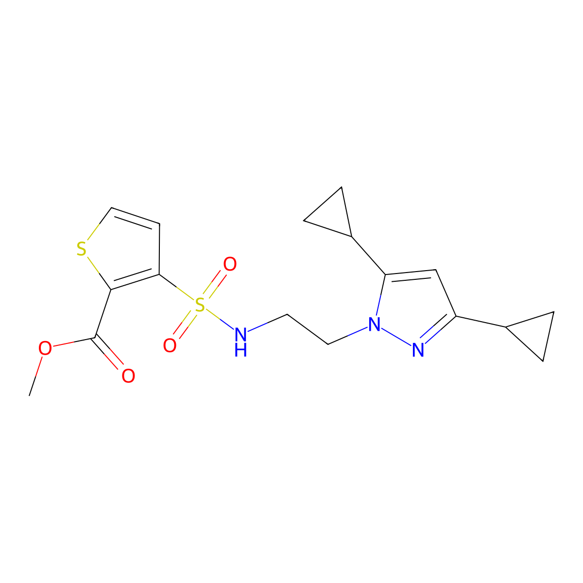methyl 3-(N-(2-(3,5-dicyclopropyl-1H-pyrazol-1-yl)ethyl)sulfamoyl)thiophene-2-carboxylate molecular structure, CAS 1797236-13-5