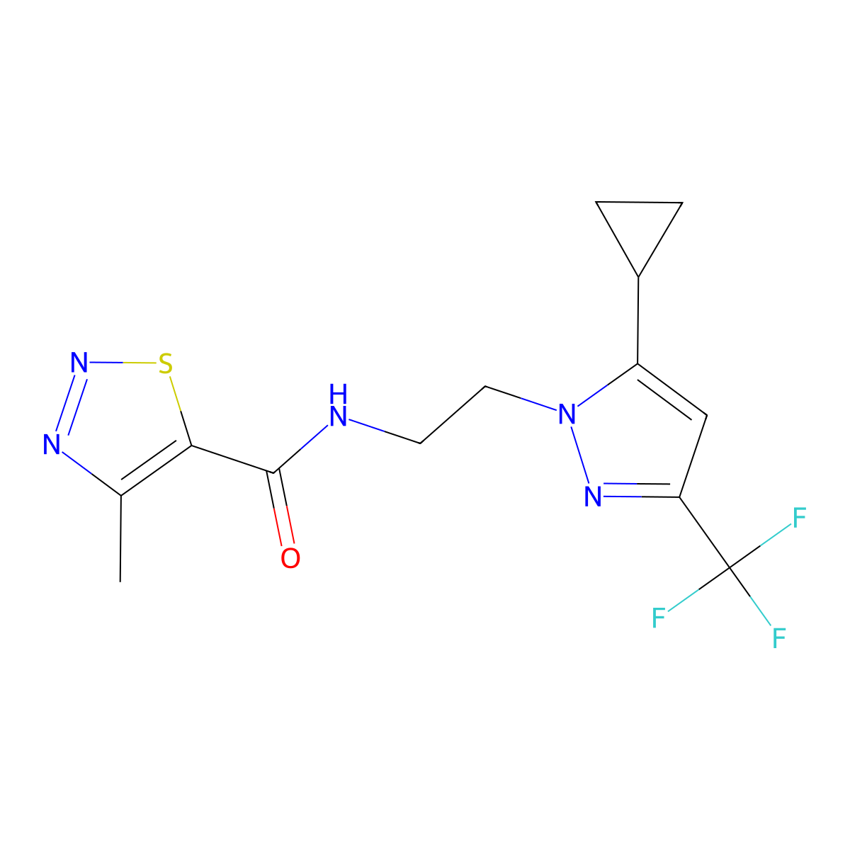 N-{2-[5-cyclopropyl-3-(trifluoromethyl)-1H-pyrazol-1-yl]ethyl}-4-methyl-1,2,3-thiadiazole-5-carboxamide molecular structure, CAS 1797236-33-9