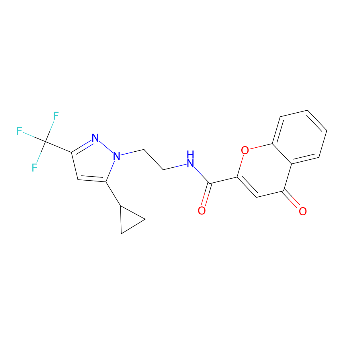 N-(2-(5-cyclopropyl-3-(trifluoromethyl)-1H-pyrazol-1-yl)ethyl)-4-oxo-4H-chromene-2-carboxamide molecular structure, CAS 1797236-42-0