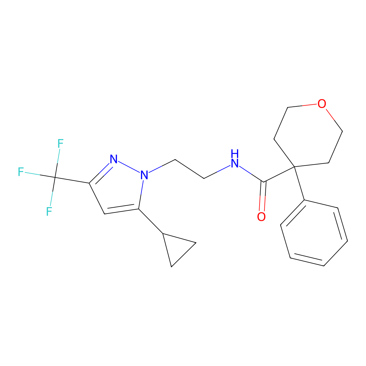 N-(2-(5-cyclopropyl-3-(trifluoromethyl)-1H-pyrazol-1-yl)ethyl)-4-phenyltetrahydro-2H-pyran-4-carboxamide molecular structure, CAS 1797236-47-5