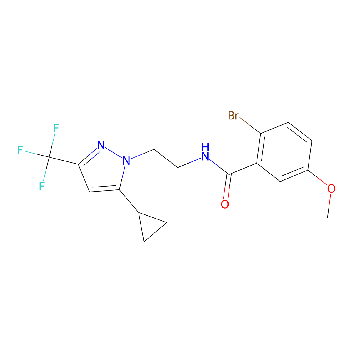 2-bromo-N-{2-[5-cyclopropyl-3-(trifluoromethyl)-1H-pyrazol-1-yl]ethyl}-5-methoxybenzamide molecular structure, CAS 1797236-60-2